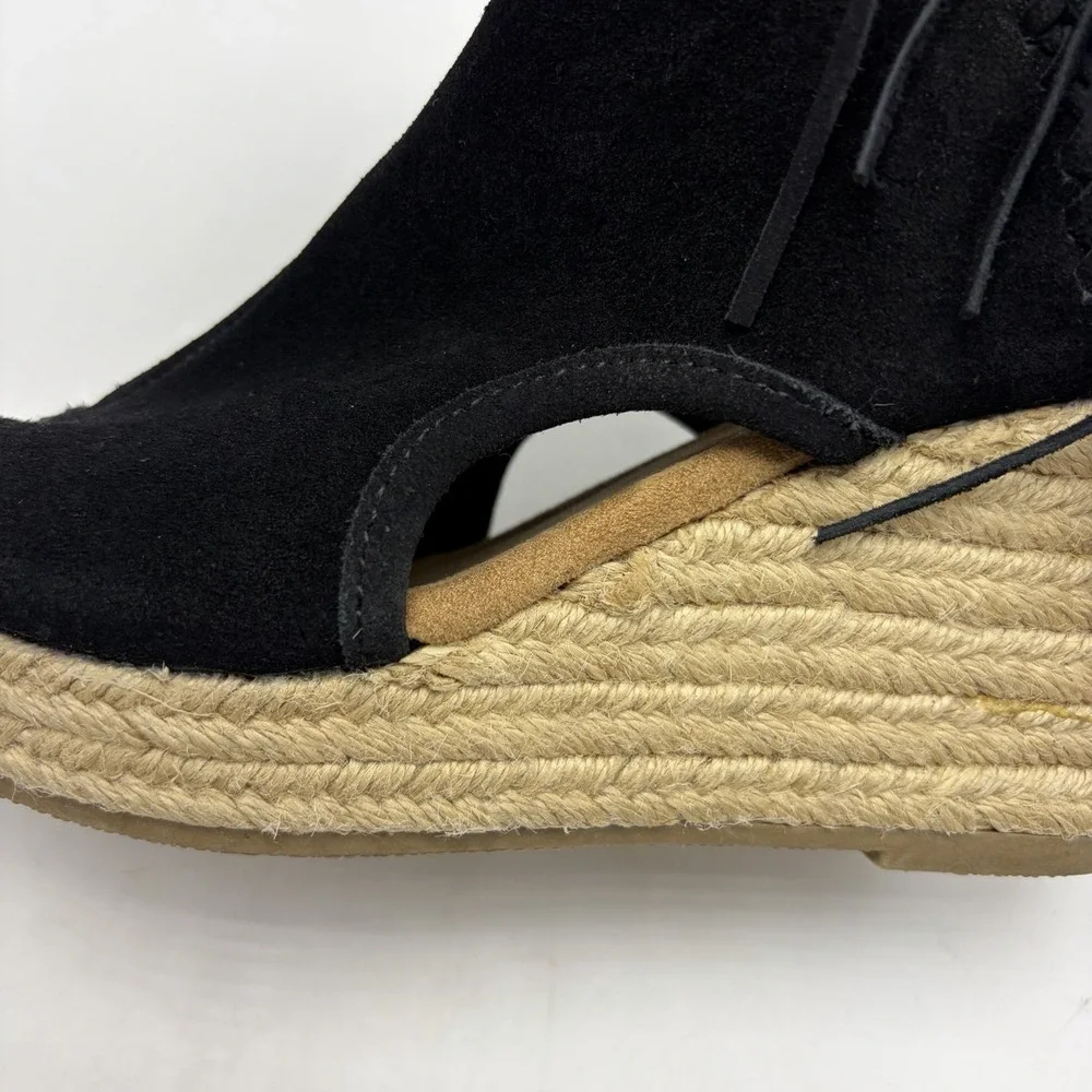 Wedge Espadrille Sandals Women 8 Blaire Black Suede Leather Fringe Festival Boho